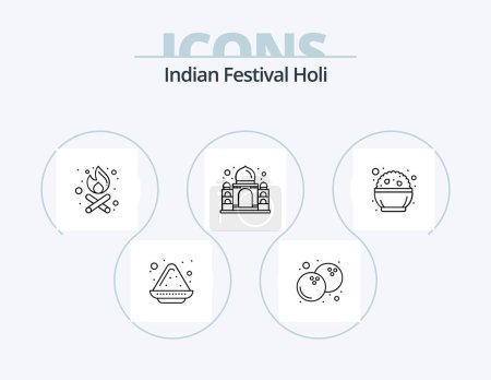Téléchargez les illustrations : Holi Line Icon Pack 5 Icon Design. india. rangoli. powder. pattern. india - en licence libre de droit