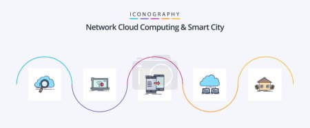Téléchargez les illustrations : Cloud Computing réseau et Smart City Line rempli plat Pack 5 Icônes y compris le réseau. synchronisation. internet. synchronisation. partage - en licence libre de droit