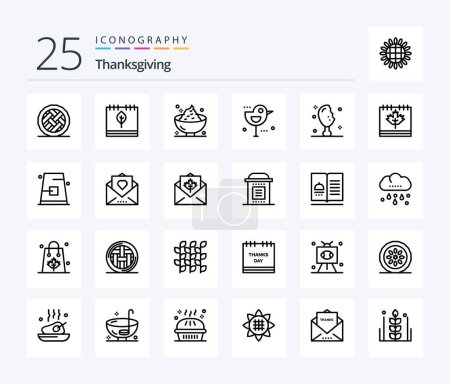 Téléchargez les illustrations : Pack icône Thanksgiving 25 Line incluant le moineau. automne. Feuille. Pomme de terre. vacances - en licence libre de droit