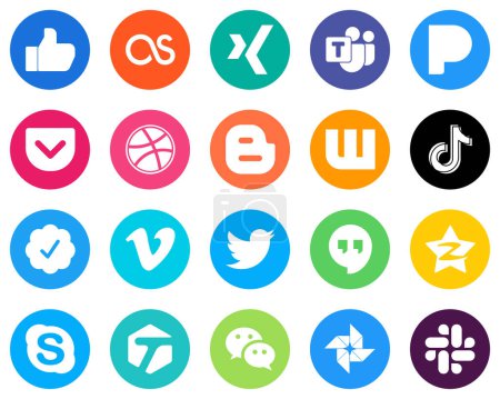 Illustration for 20 High-quality White Icons twitter verified badge. china. dribbble. video and tiktok Flat Circle Backgrounds - Royalty Free Image