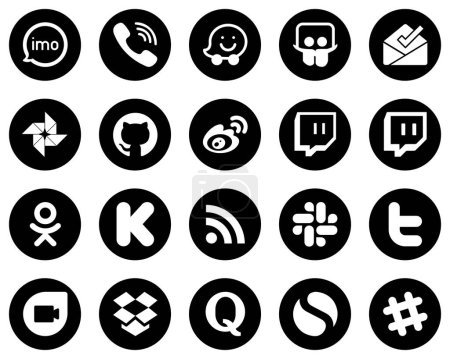 Illustration for 20 Creative White Social Media Icons on Black Background such as odnoklassniki. slideshare. china and weibo icons. Fully editable and versatile - Royalty Free Image