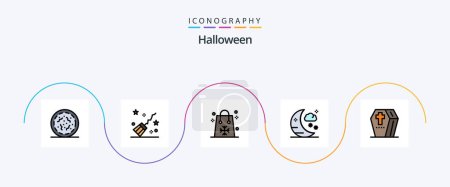 Téléchargez les illustrations : Pack de 5 icônes rempli de ligne Halloween, y compris Halloween. lune. noël. vacances. achats - en licence libre de droit