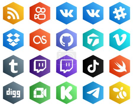 Illustration for 25 White Hexagon Flat Color Icons such as video. tagged. douyin and twitch icons. Business and Marketing - Royalty Free Image