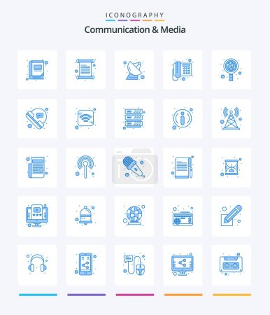 Téléchargez les illustrations : Communication créative et médias 25 Pack icône bleue telle que mondiale. téléphone. satellite. téléphone. communication - en licence libre de droit
