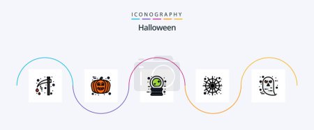 Téléchargez les illustrations : Halloween Line Filled Flat 5 Icon Pack Including character. spider web. avatar. spider. magic - en licence libre de droit