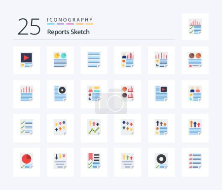 Téléchargez les illustrations : Rapports Sketch 25 Pack d'icônes couleur plate comprenant la page. données. Une tarte. rapport. devoirs - en licence libre de droit