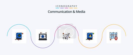 Ilustración de Línea de comunicación y medios de comunicación llenas Flat 5 Icon Pack Incluyendo mapa. contacto. Correo. Libro. enviar - Imagen libre de derechos