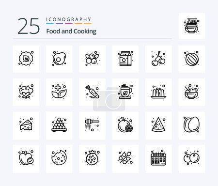 Téléchargez les illustrations : Food Pack icône de 25 lignes, y compris la nourriture. berry. berry. du lait. en conserve - en licence libre de droit