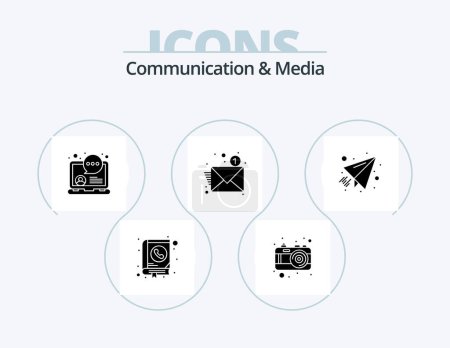 Ilustración de Comunicación y medios de comunicación Glyph Icon Pack 5 Icon Design. Una carta. nuevo. Viajar. Correo electrónico. medios de comunicación - Imagen libre de derechos