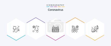 Téléchargez les illustrations : Coronavirus 25 Line icon pack including hands. alcohol. lab test. lungs. infected - en licence libre de droit