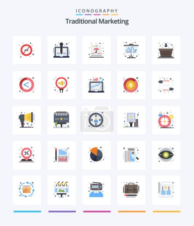 Téléchargez les illustrations : Creative Traditional Marketing 25 Flat icon pack  Such As strategy. flipchart. storytelling. shipping. fragile - en licence libre de droit