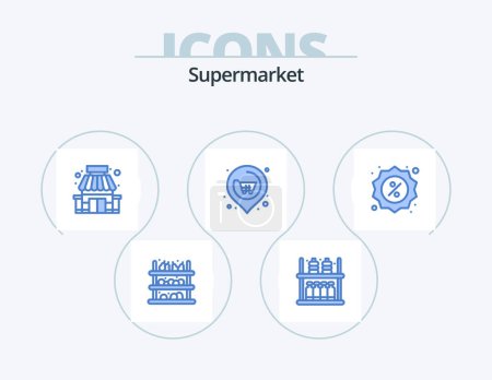 Illustration for Supermarket Blue Icon Pack 5 Icon Design. commerce. supermarket. building. real. location - Royalty Free Image