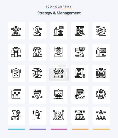 Ilustración de Estrategia creativa y gestión 25 Esquema icono paquete Tal como altavoz. comercialización. flecha. Búsqueda. cv - Imagen libre de derechos
