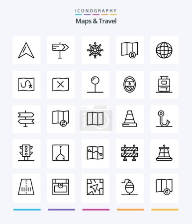 Illustration for Creative Maps & Travel 25 OutLine icon pack  Such As location. route. wheel. map. map - Royalty Free Image