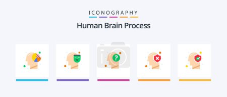 Téléchargez les illustrations : Processus cérébral humain Pack de 5 icônes plat, y compris protéger. tête. visage. cerveau. humain. Icônes créatives Design - en licence libre de droit