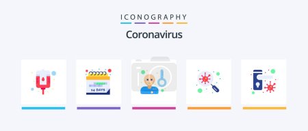 Téléchargez les illustrations : Coronavirus Flat Pack de 5 icônes y compris verrouillé. scanner. fièvre. germes. bactéries. Icônes créatives Design - en licence libre de droit