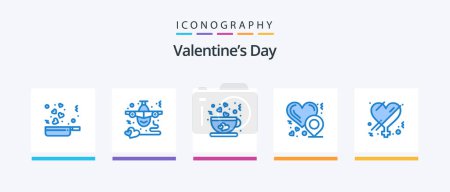 Téléchargez les illustrations : Valentines Day Blue Pack de 5 icônes Y compris le genre. emplacement de l'amour. amour. amour. Du thé. Icônes créatives Design - en licence libre de droit