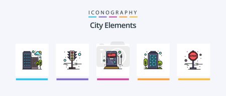 Téléchargez les illustrations : City Elements Line Rempli Pack de 5 icônes incluant la ville. hôpital. la nourriture. Voiture. Magasin. Icônes créatives Design - en licence libre de droit