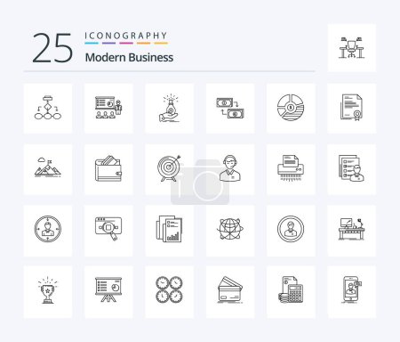 Téléchargez les illustrations : Pack icône Business 25 Line moderne, y compris les affaires. Sac. analytique. dollar. personnes - en licence libre de droit