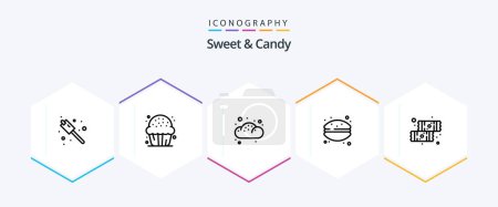 Téléchargez les illustrations : Sweet And Candy 25 Line icon pack including dessert. macaroni. bakery. french macaroon. cake - en licence libre de droit
