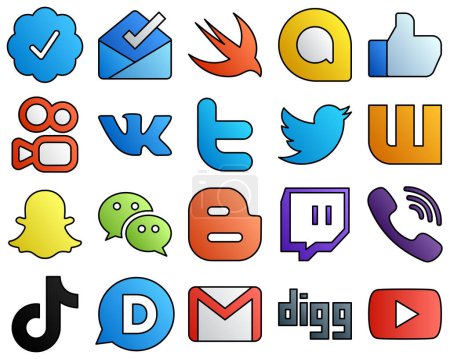 Illustration for 20 Modern icons viber. blog. twitter. blogger and wechat Filled Line Style Social Media Icons - Royalty Free Image