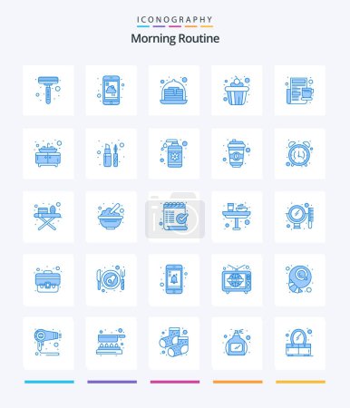 Téléchargez les illustrations : Creative Morning Routine 25 Pack icône bleu tel que le journal. tasse. gâteau. le petit déjeuner. tasse - en licence libre de droit