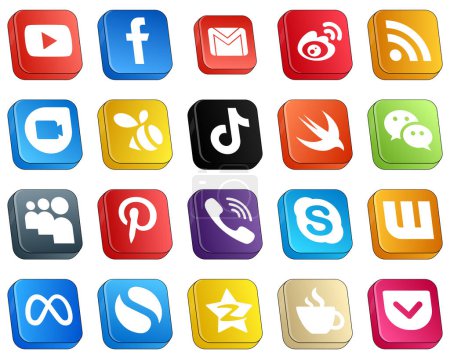 Illustration for 20 Simple Isometric 3D Social Media Icons such as douyin. swarm. weibo. google duo and rss icons. Modern and minimalist - Royalty Free Image