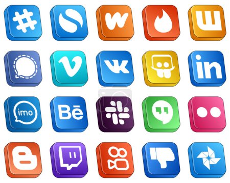 Illustration for 20 Isometric 3D Social Media Brand Icons such as video. imo. professional and slideshare icons. Modern and high-quality - Royalty Free Image