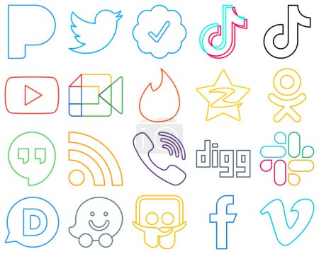 Illustration for 20 Eye-catching and vibrant Colourful Outline Social Media Icons such as qzone. tinder and video Modern and professional - Royalty Free Image