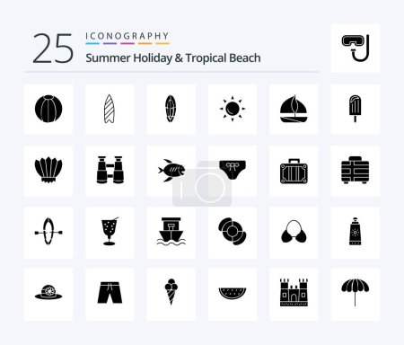Téléchargez les illustrations : Beach 25 Solid Glyph icon pack including ice. cream. sun. beach. boat - en licence libre de droit