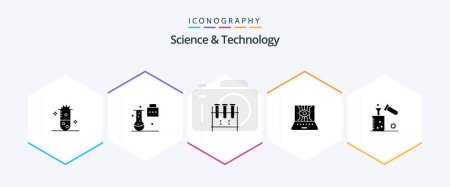 Téléchargez les illustrations : Science And Technology 25 Glyph icon pack including engineering. applied science. science folder. test tube. lab flask - en licence libre de droit