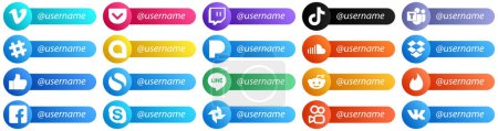 Illustration for Follow me Social Network Platform Card Style Icons 20 pack such as dropbox. sound. soundcloud and google allo icons. High resolution and fully customizable - Royalty Free Image