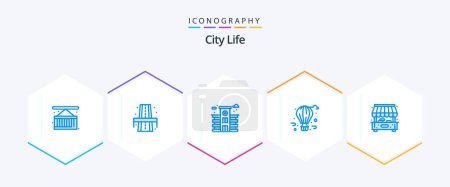 Ilustración de City Life 25 Blue icon pack including shop. city. city. city life. balloon - Imagen libre de derechos