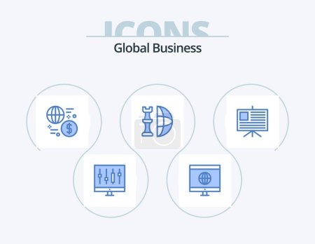 Illustration for Global Business Blue Icon Pack 5 Icon Design. plan. international. currency. global. transaction - Royalty Free Image