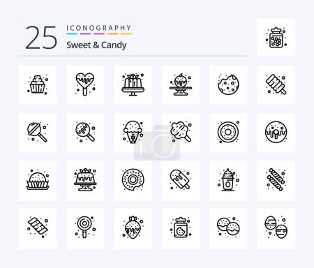Ilustración de Dulce y caramelo 25 paquete de iconos de línea, incluyendo alimentos. Galleta. El postre. Hornear. caramelos - Imagen libre de derechos