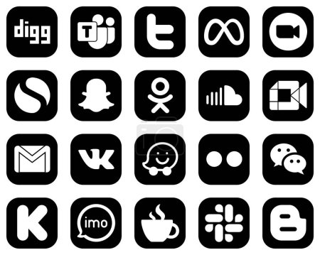 Téléchargez les illustrations : 20 Innovative White Social Media Icons on Black Background such as google meet. sound. video. soundcloud and snapchat icons. Professional and high-definition - en licence libre de droit