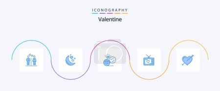 Téléchargez les illustrations : Valentine Blue Pack de 5 icônes incluant la Saint-Valentin. la télévision. nuit romantique. valentine. visages souriants - en licence libre de droit