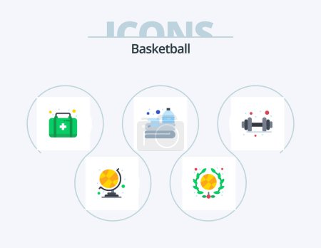 Téléchargez les illustrations : Basketball Flat Icon Pack 5 Icône Design. . gymnase. boîte. haltère. jeu - en licence libre de droit