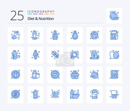 Téléchargez les illustrations : Diet And Nutrition 25 Blue Color icon pack including apple. nutrition. love. healthy diet. protein - en licence libre de droit