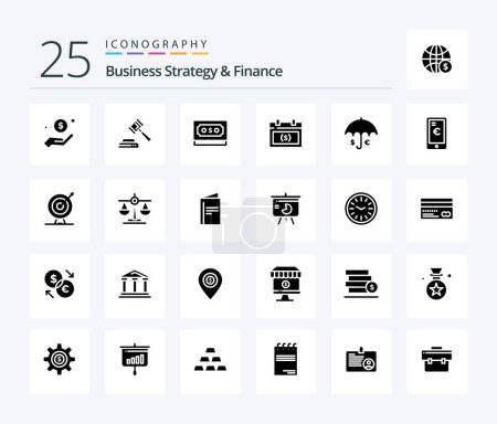 Téléchargez les illustrations : Business Strategy And Finance 25 Solid Glyph icon pack including calendar . note. hammer . currency . money - en licence libre de droit