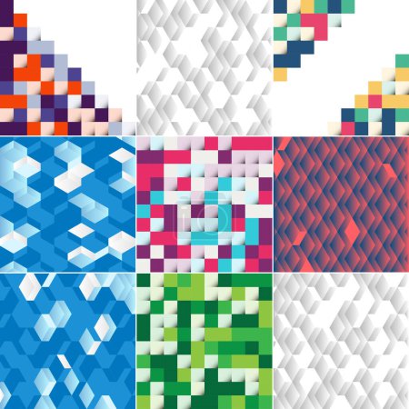 Téléchargez les illustrations : Vector background with an illustration of an abstract texture featuring squares suitable for use as a pattern design in banners. posters. flyers. cards. postcards. covers. and brochures; pack of 9 - en licence libre de droit