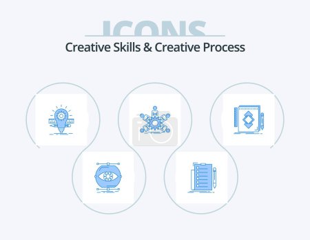 Téléchargez les illustrations : Compétences créatives et processus créatif Blue Icon Pack 5 Icon Design. groupe. liste. échelle. ampoule - en licence libre de droit