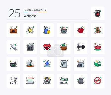 Téléchargez les illustrations : Wellness 25 Line Filled icon pack including apple. salad. yoga. healthy. health - en licence libre de droit