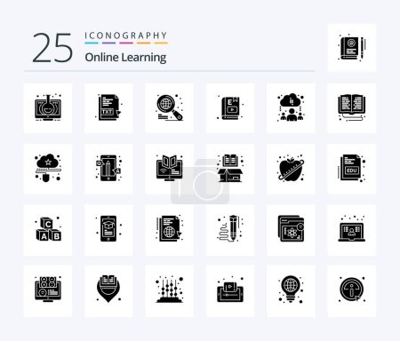 Téléchargez les illustrations : Apprentissage en ligne 25 pack d'icônes Solid Glyph incluant cloud. apprendre. dossier. l'éducation. e livre - en licence libre de droit