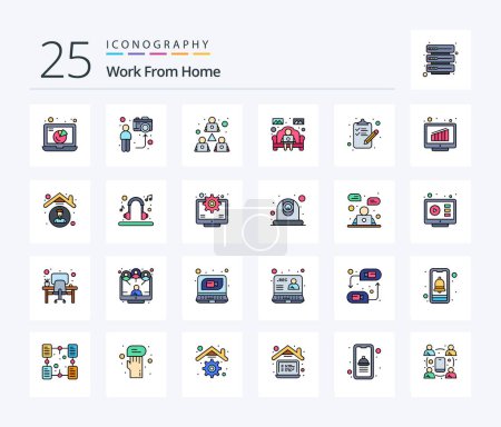 Téléchargez les illustrations : Work From Home 25 Line Filled icon pack including work from home. notebook. man. sharing. meeting - en licence libre de droit