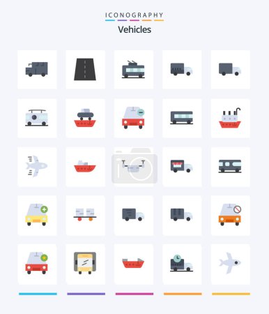 Ilustración de Vehículos creativos 25 paquete de iconos planos, como combo. transporte. Autopista. logística. trolebús - Imagen libre de derechos