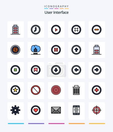 Téléchargez les illustrations : Creative User Interface 25 Line Pack d'icônes tel que globe. moins. jouer. interface. ui - en licence libre de droit