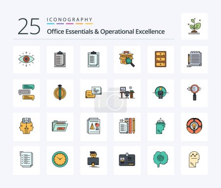 Illustration for Office Essentials And Operational Exellence 25 Line Filled icon pack including notepad. closet. presentation. cabinet. e shopping - Royalty Free Image