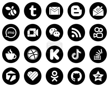 Illustration for 20 Unique White Social Media Icons on Black Background such as rss. wechat. imo and google meet icons. Elegant and high-resolution - Royalty Free Image