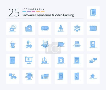 Téléchargez les illustrations : Software Engineering And Video Gaming 25 Blue Color icon pack including shuttle. launch. streaming. psp. game - en licence libre de droit